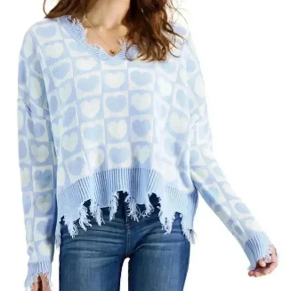 Just Polly'  Oversized Heart-Print Destructed Sweater Size S - Picture 1 of 11